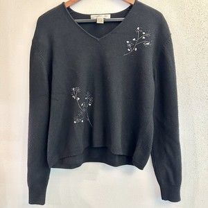 VTG 90s Black Jones New York BOHO beaded tree branch pullover wool sweater SZ XL